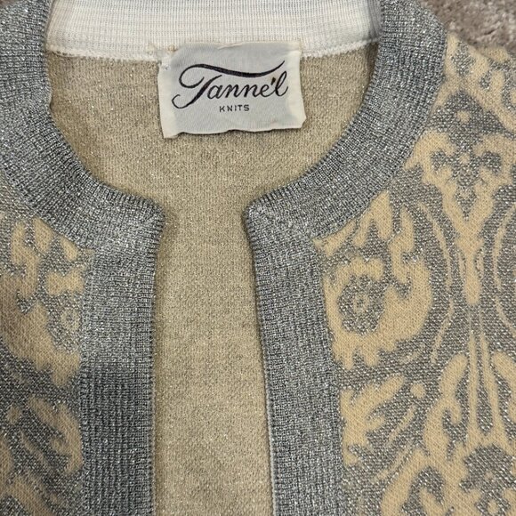Vintage Tannel Knits Ivory & Matallic Silver Cardigan Sweater Size S - Picture 8 of 9